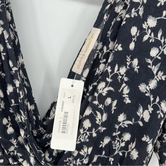 Pookie & Sebastian Ditzy Floral Navy White Bubble Puff Sleeve Crop‎ Top Blouse V - Picture 5 of 10